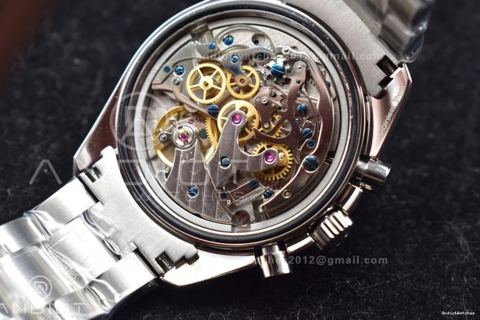 Back MoonWatch Manual SS Winding 1121 Speedmaster Effortless SS OMF Chrono Transparent Movement Black Sapphire Bracelet on Crystal Dial with 1224